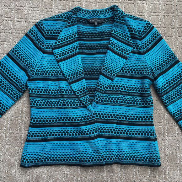 Ming Wang Knit Cardigan Sweater Jacket Women's MP Blue Black Stripe Open Career - Picture 2 of 7